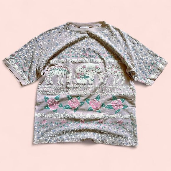 Spumoni Tops - Vintage 1990s Girrafe Elephant Print Shirt - Pink and Cream L